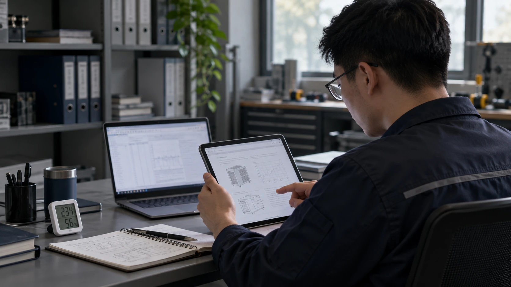 Ein Ingenieur liest technische Anwendungsinformationen