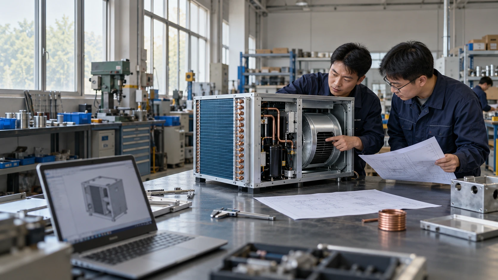 Chinese engineers discussing a compact equipment prototype and drawings