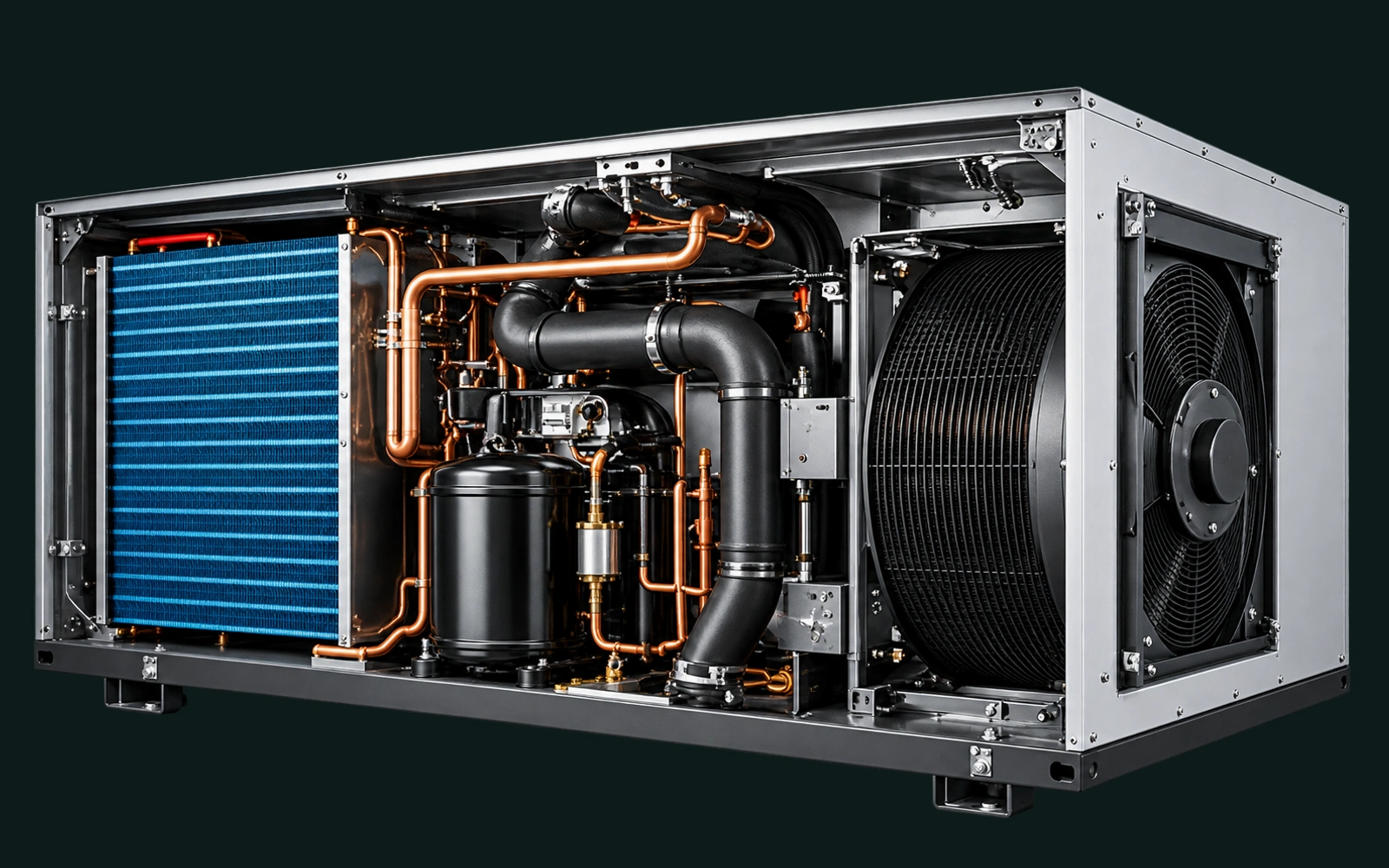 Vue en coupe d’un déshumidificateur à réfrigération : batterie, compresseur et ventilateur