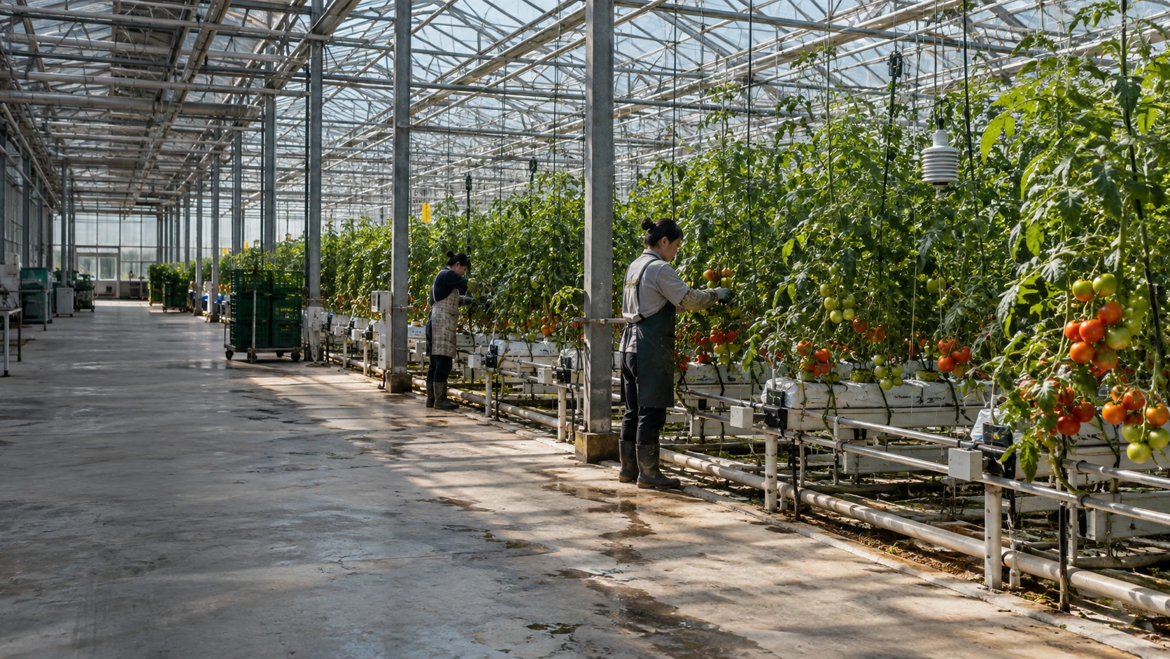 Tomatenreihen und Klimasensoren in einem Glasgewächshaus