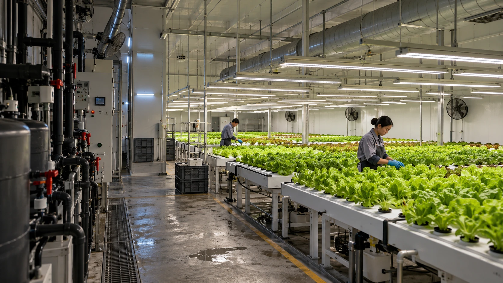 Cultivos de hoja bajo luces blancas en una sala de cultivo cerrada