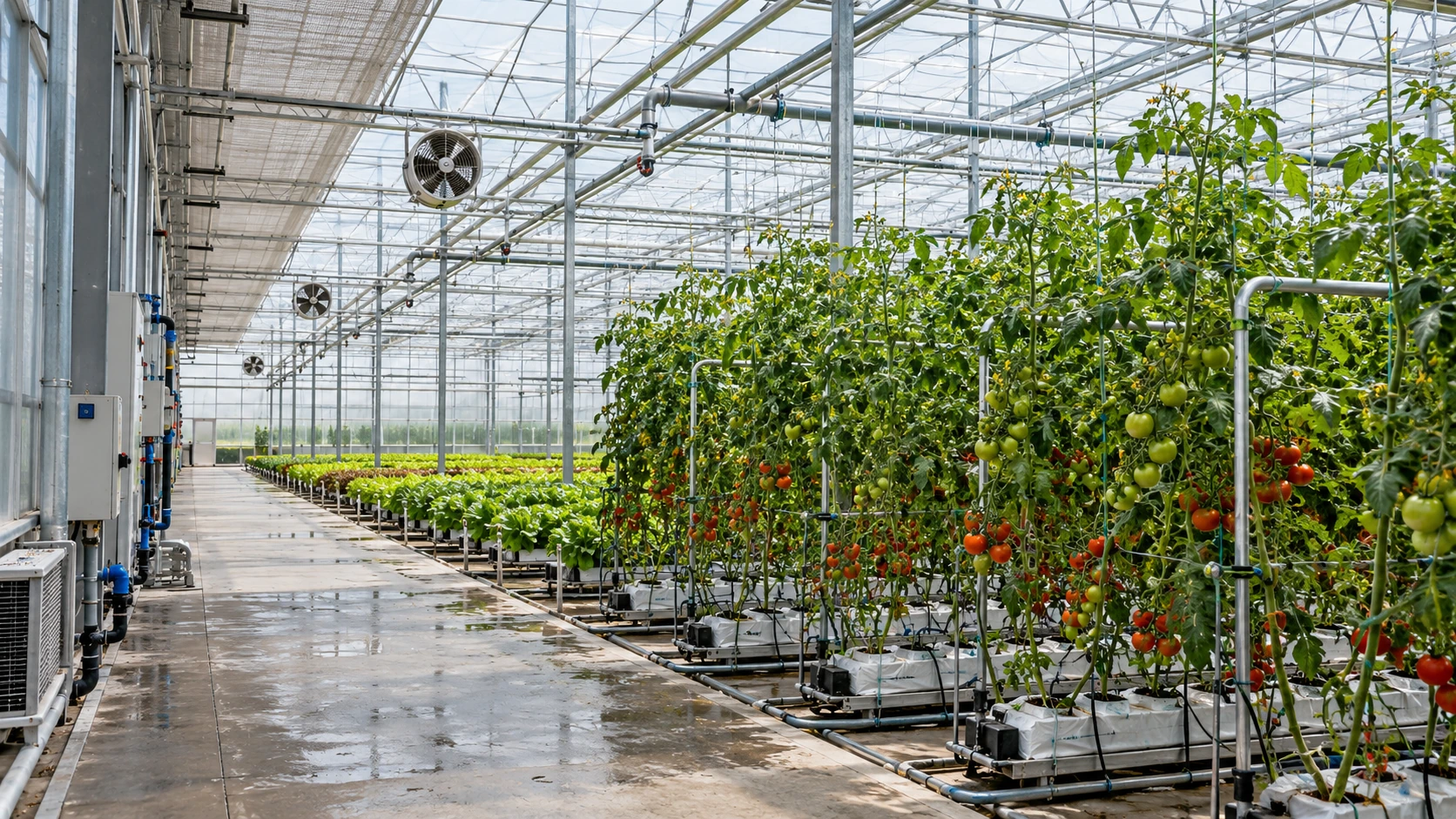 Tomatenkultur und Klimatechnik in einem Gewächshaus