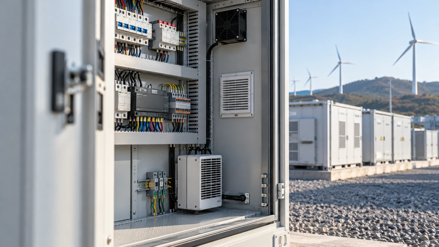 Komponenten elektrischer Gehäuse neben einem Batteriespeicherstandort