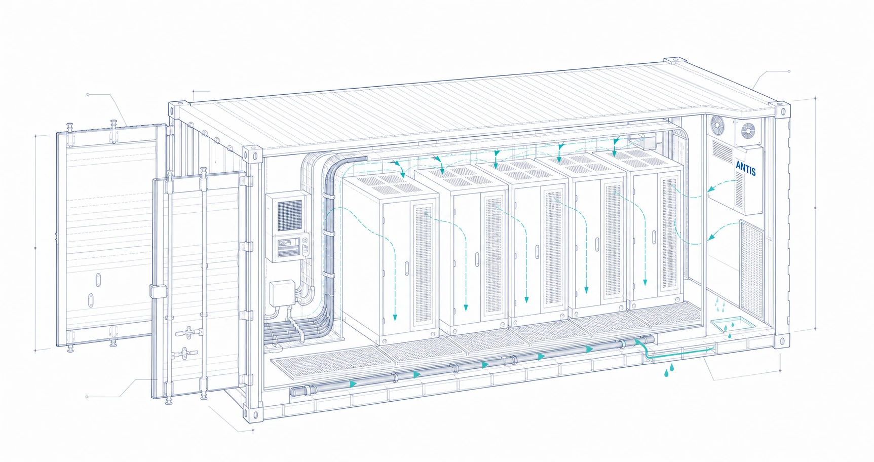 Cutaway CAD drawing of humidity control inside a battery energy storage container