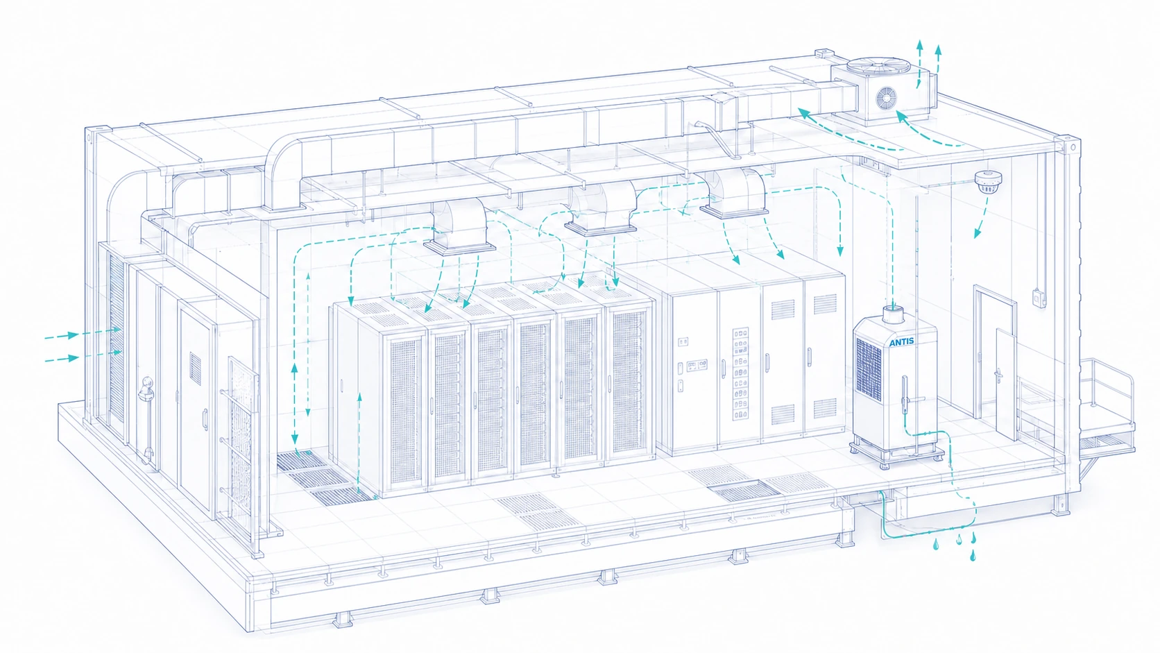 CAD drawing of ventilation, cooling, and humidity control in a technical room