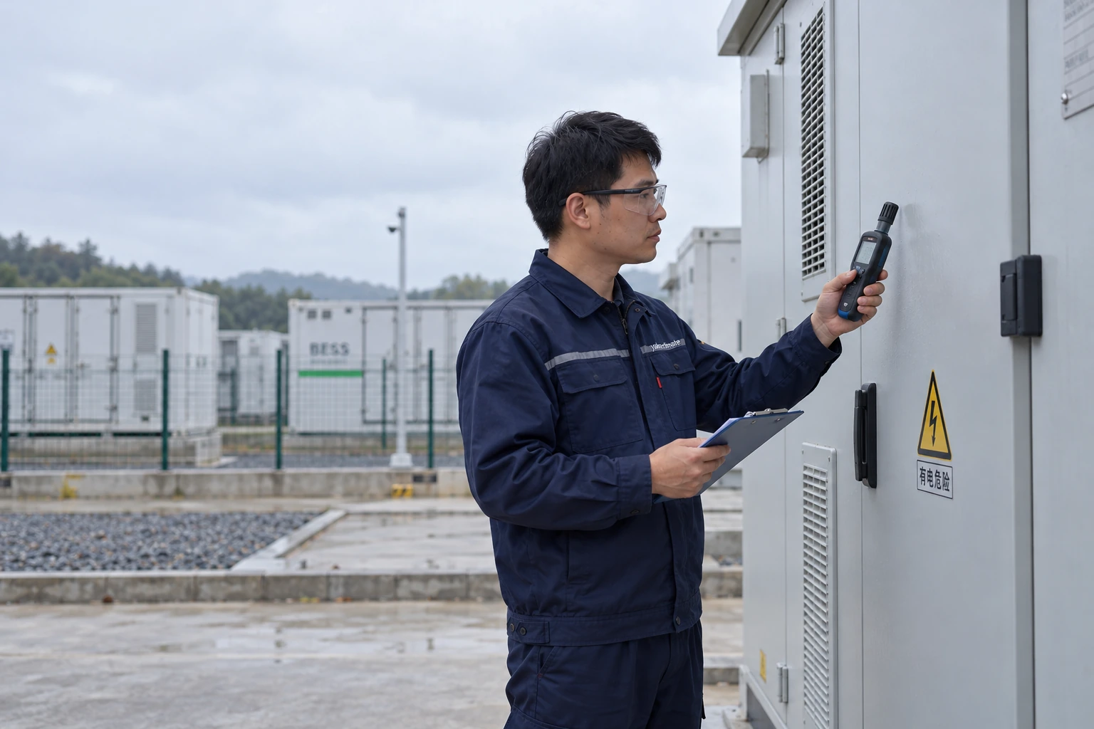 Ein chinesischer Techniker misst die Bedingungen neben einem elektrischen Gehäuse