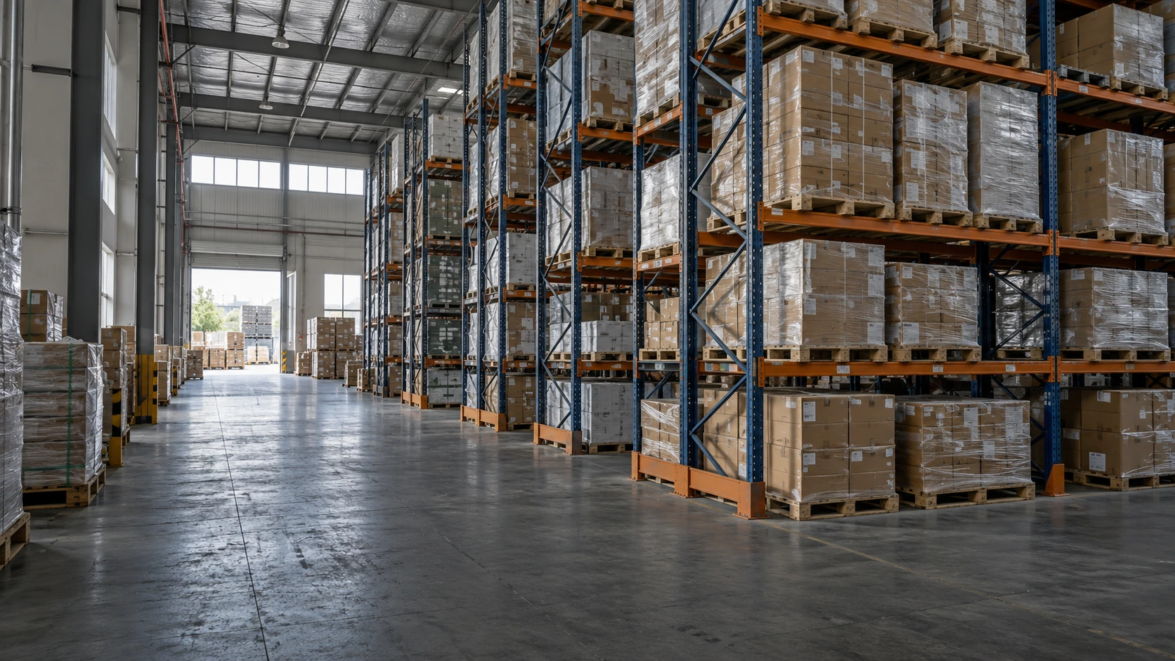 Palettenregale und verpackte Waren in einem Industrielager