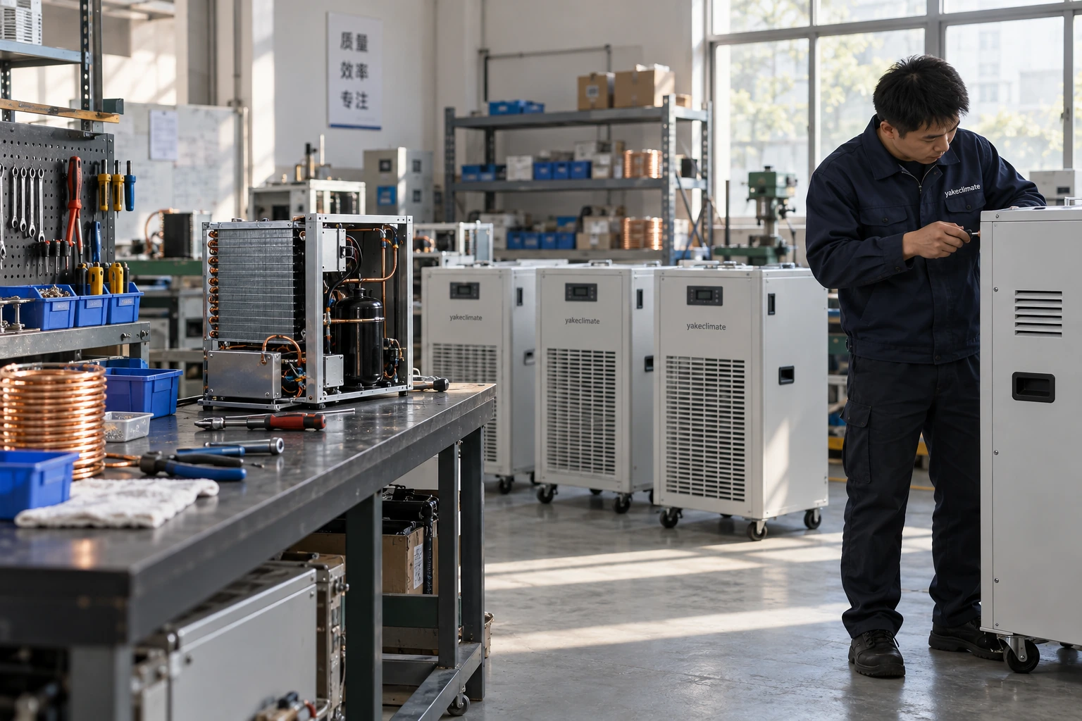 Ein chinesischer Techniker arbeitet an kompakten Feuchteregelschränken